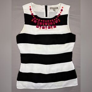 Banana Republic Women’s Black and White Striped Top with Red Beaded Accents